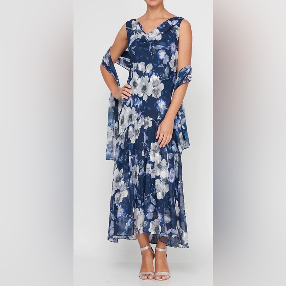 Alex Evenings Emma Printed Cowl Neck Dress Navy and White Floral with Shawl